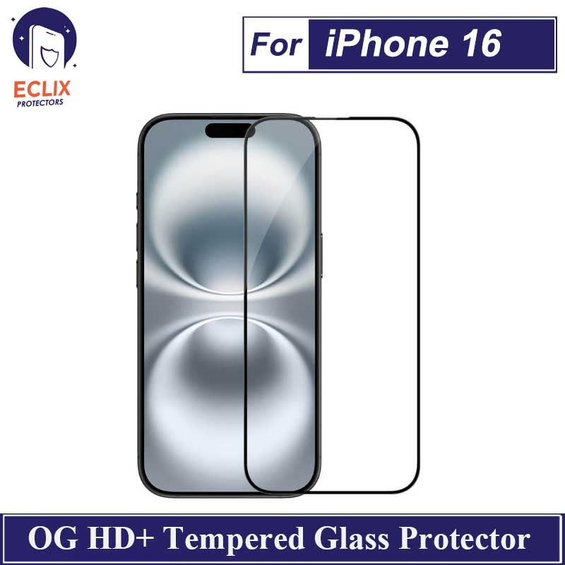 ECLIX iPhone 16 Tempered Glass OG HD Plus Screen Protector Premium Quality Best for Smooth Touch Experience with Black Borders For Apple iPhone 16 - Transparent