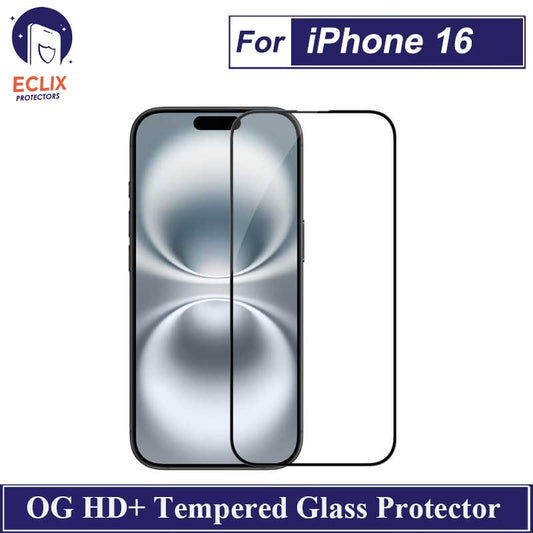 ECLIX iPhone 16 Tempered Glass OG HD Plus Screen Protector Premium Quality Best for Smooth Touch Experience with Black Borders For Apple iPhone 16 - Transparent