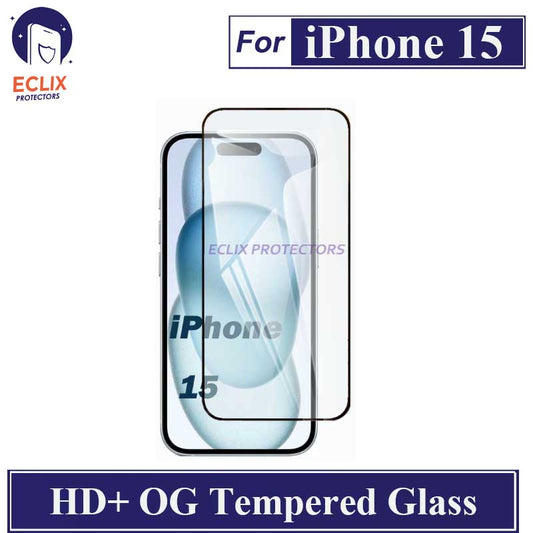 ECLIX iPhone 15 Tempered Glass OG HD Plus Screen Protector Black Borders For Apple iPhone 15 - Transparent